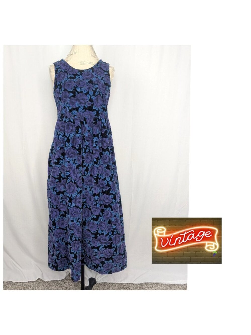 Vintage 80s Purple Floral Corduroy Dress Medium Midi